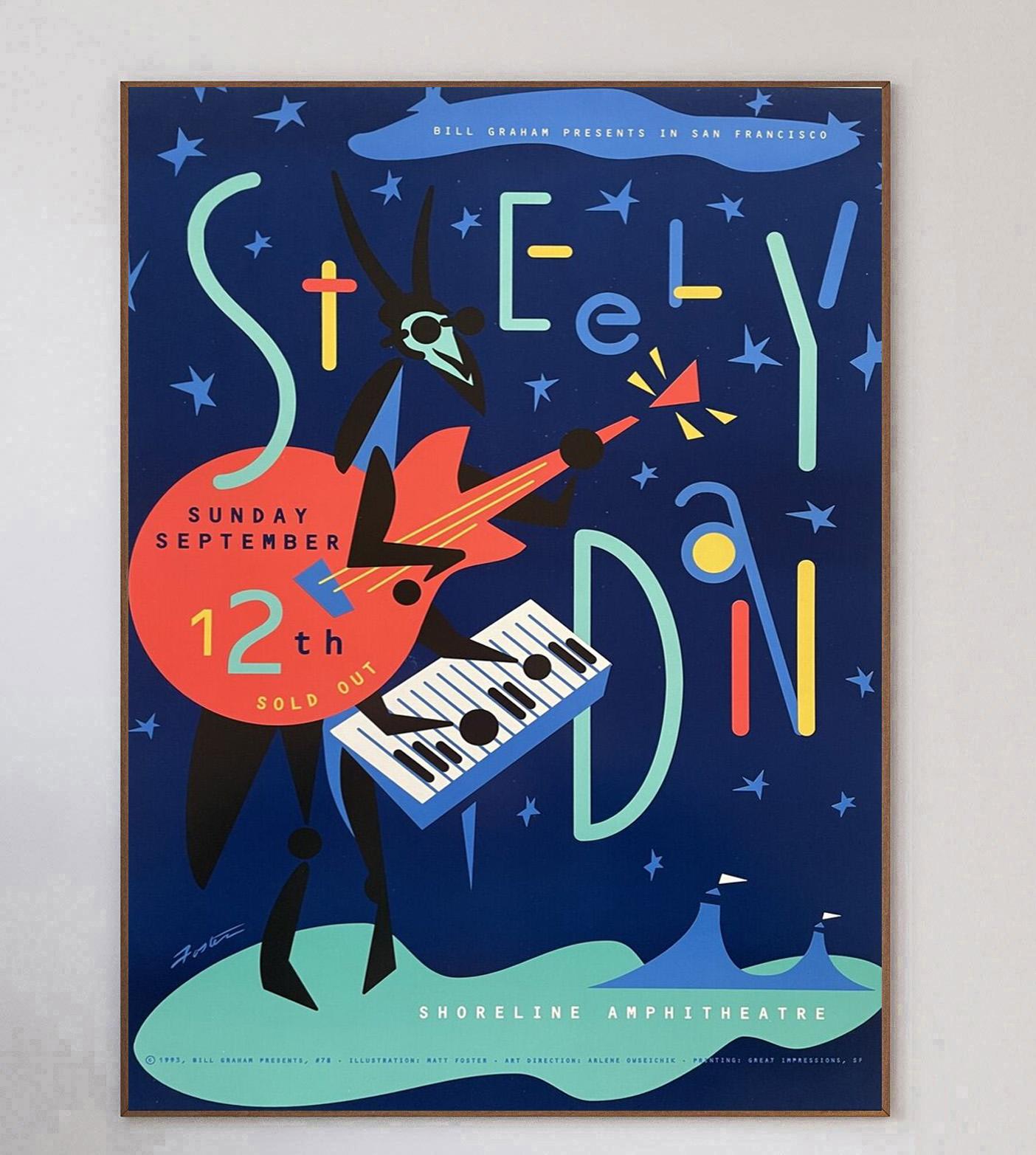 Designed by concert poster artist Matt Foster, this beautiful poster was created in 1993 to promote a live concert of Steely Dan at the Shoreline Amphitheatre in Mountain View, California. The show was part of the bands 1993 reunion tour having