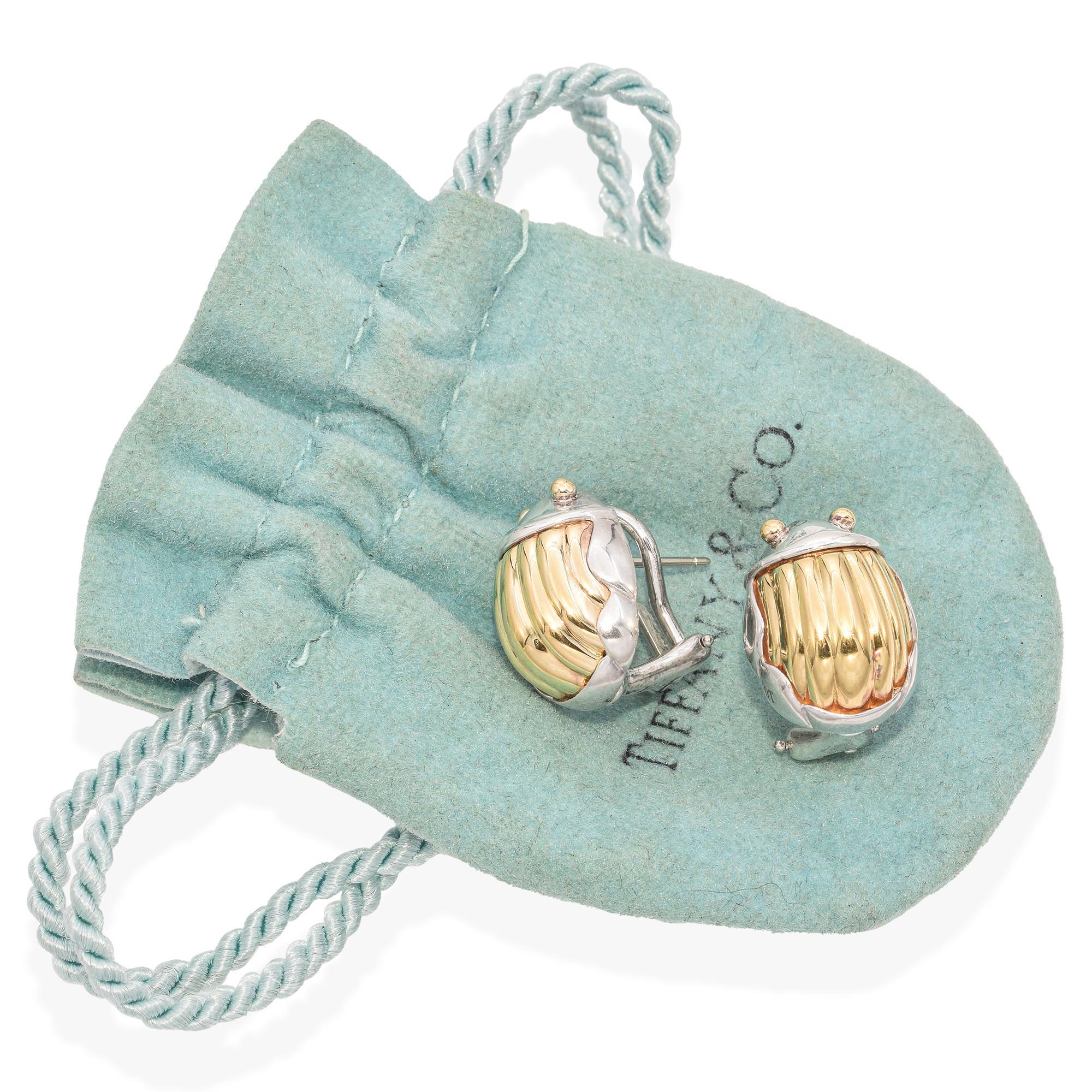 Women's 1993 Tiffany and Co. 18K Yellow Gold and Sterling Silver Scarab Beetle Earrings