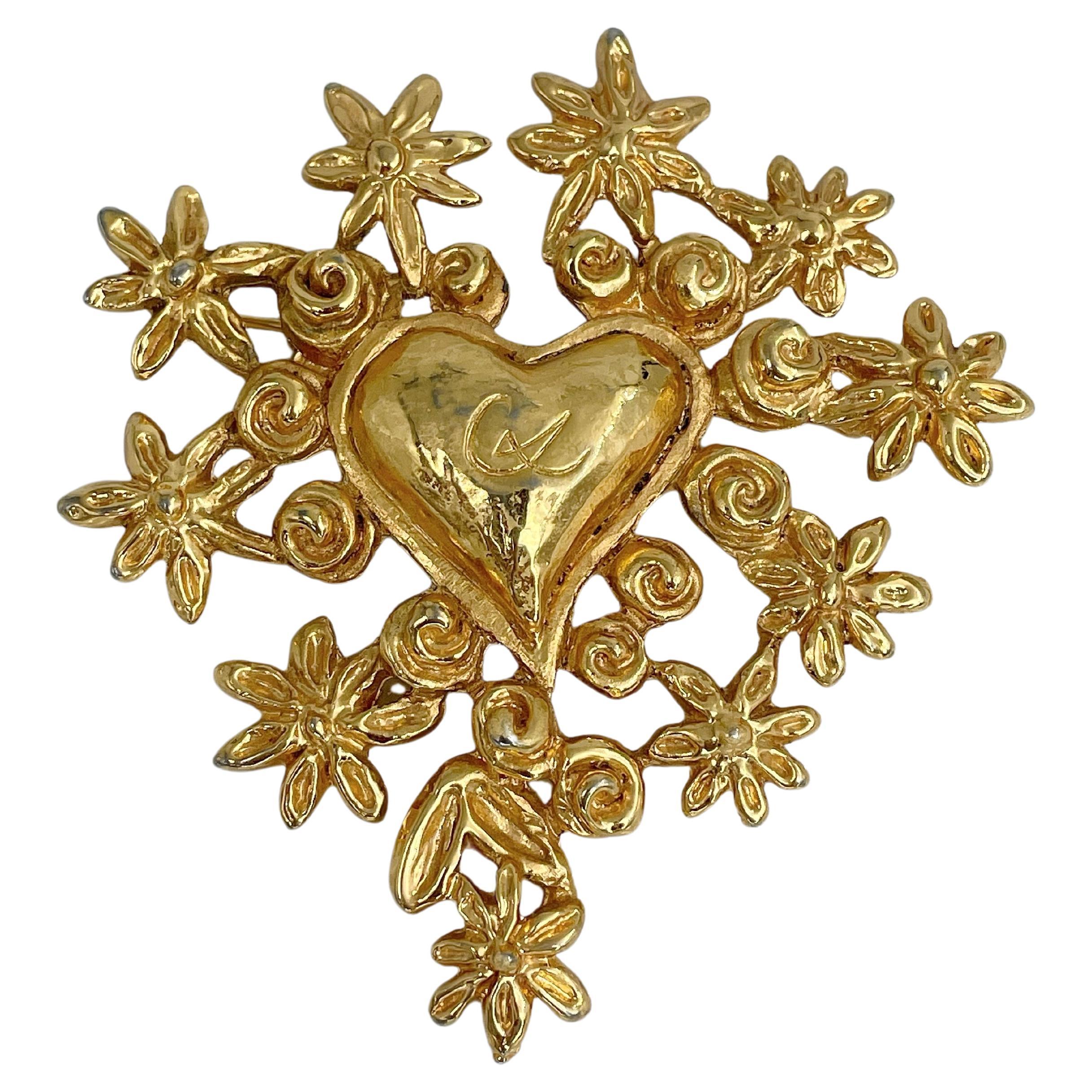 1993 Vintage Christian Lacroix Noel CL Logo Heart Flower Limited Edition Brooch For Sale
