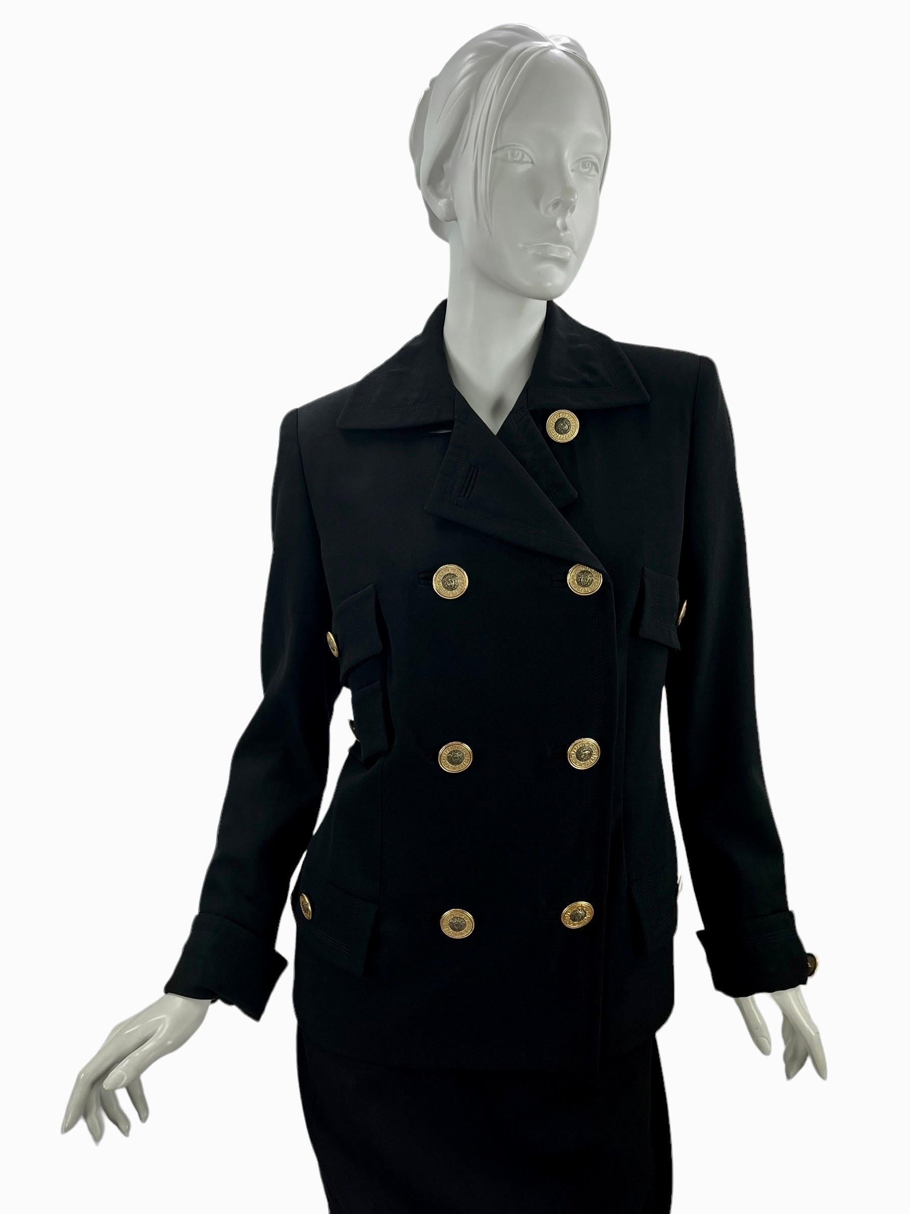 Gianni Versace Couture Black Blazer and Long Skirt Suit
1993 Runway collection. Black label.
Italian size 40
100% Wool 
Blazer: Shoulders - 16 3/4 inches, Sleeve - 24