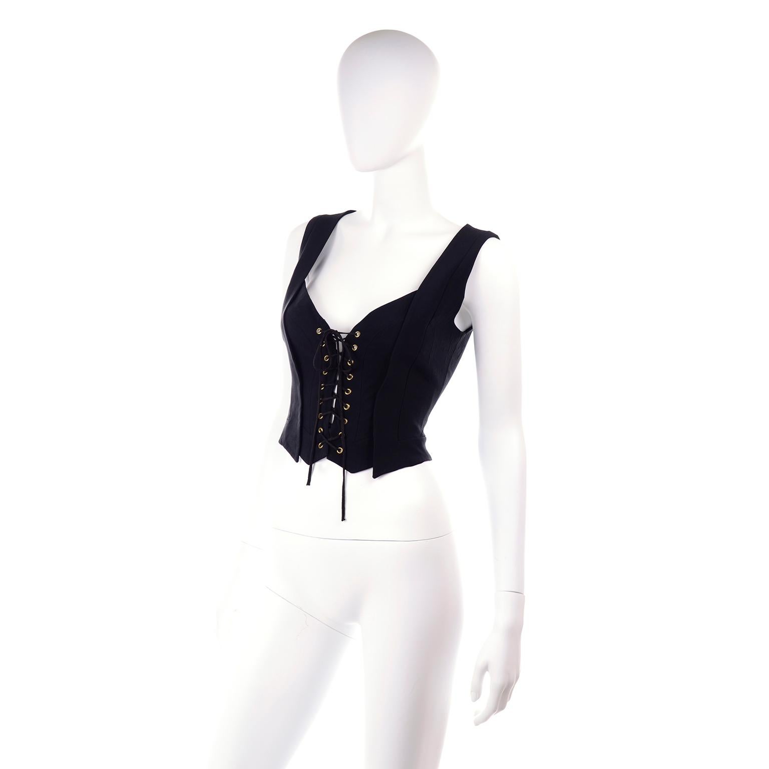 Women's 1994 Vintage Moschino Couture Repetita Juvant Black Lace Up Corset Top