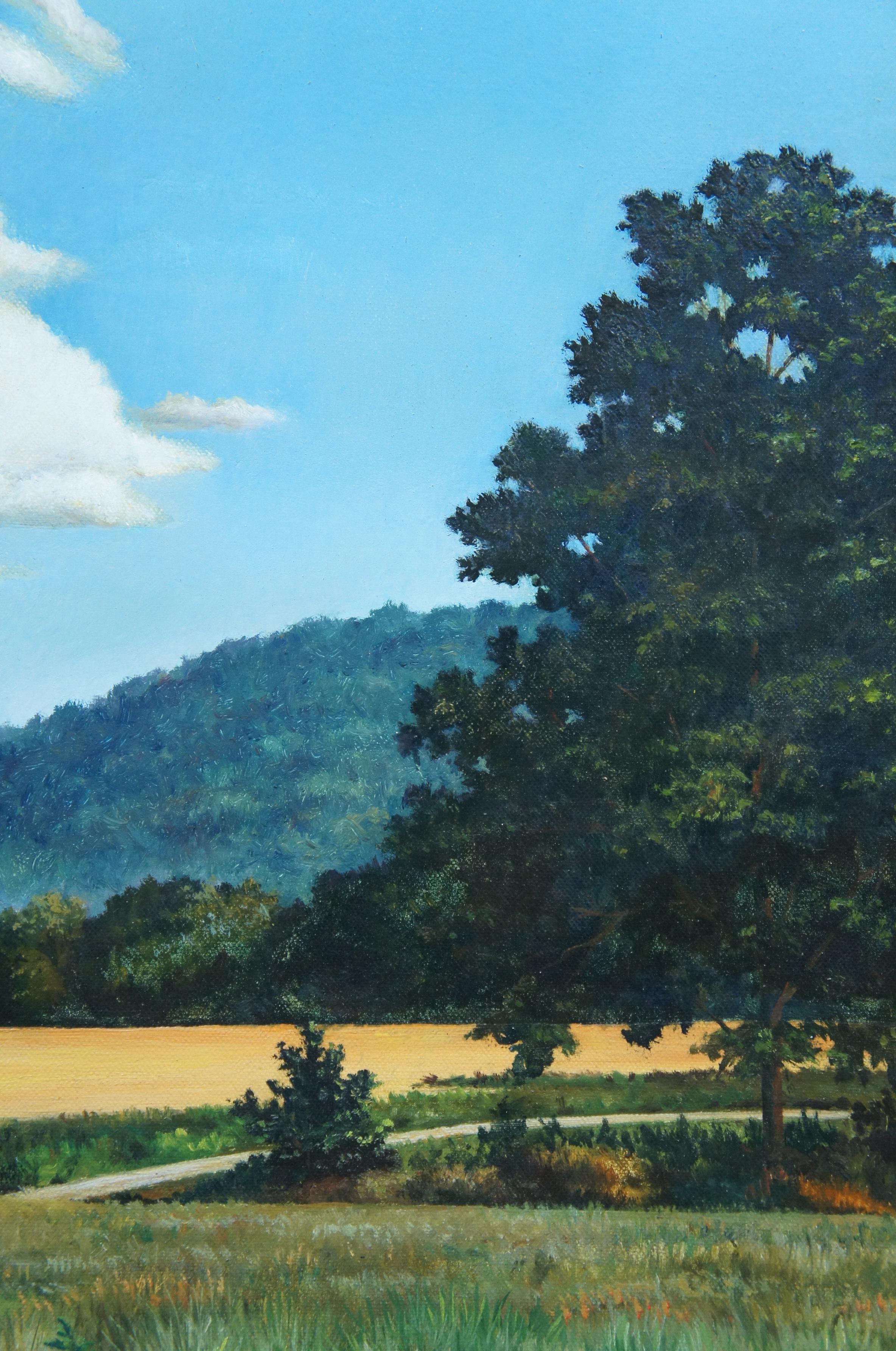 Peinture à l'huile sur toile signée Walty, Paysage de campagne, réalisme wagon, 1993 en vente 5