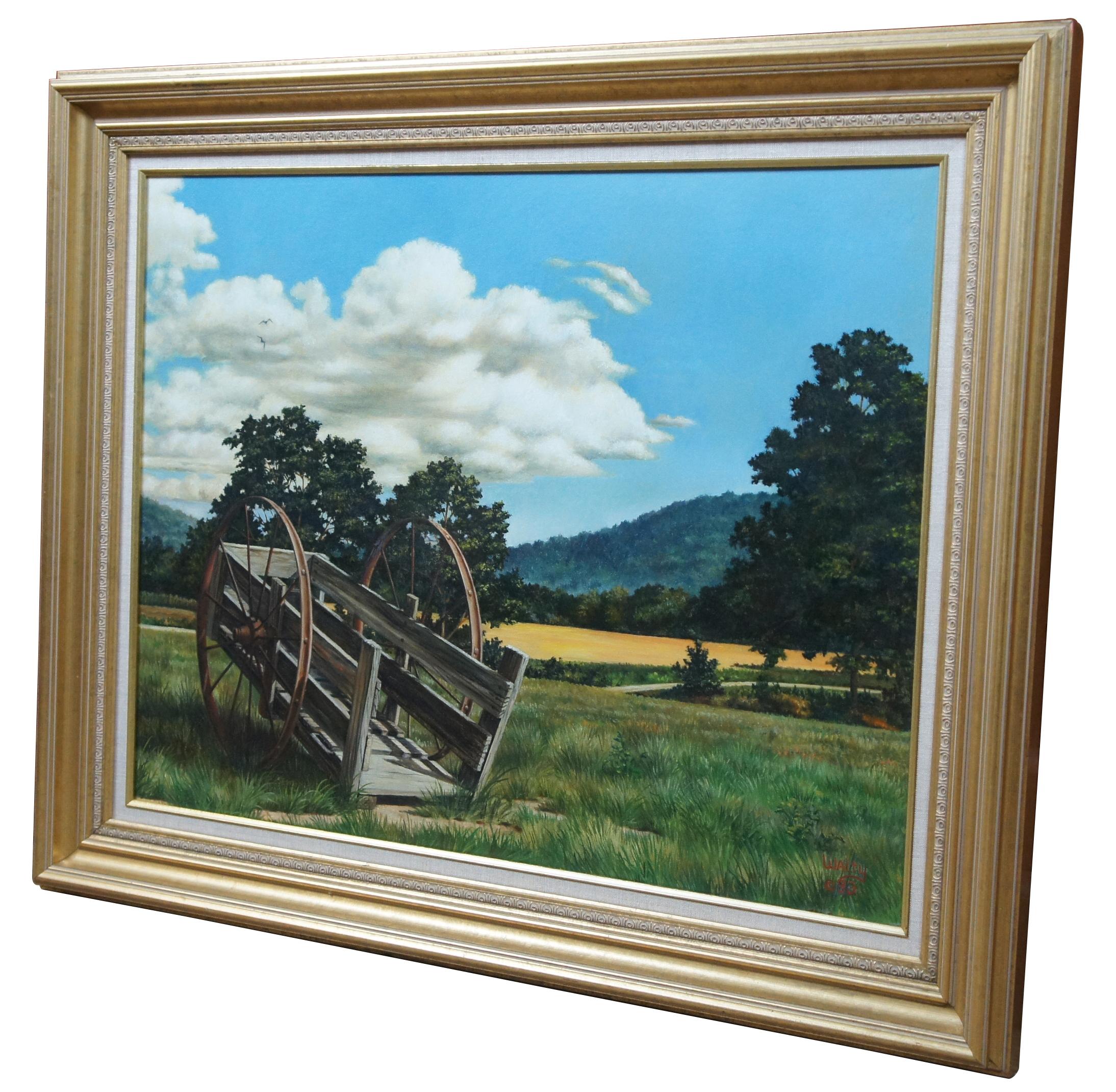 An eye-catching oil by Walty. Signed lower right, 1993. Features an open wagon or trailer in the foreground roadside by farmland.
   
Sans Frame - 25.5” x 19.5”