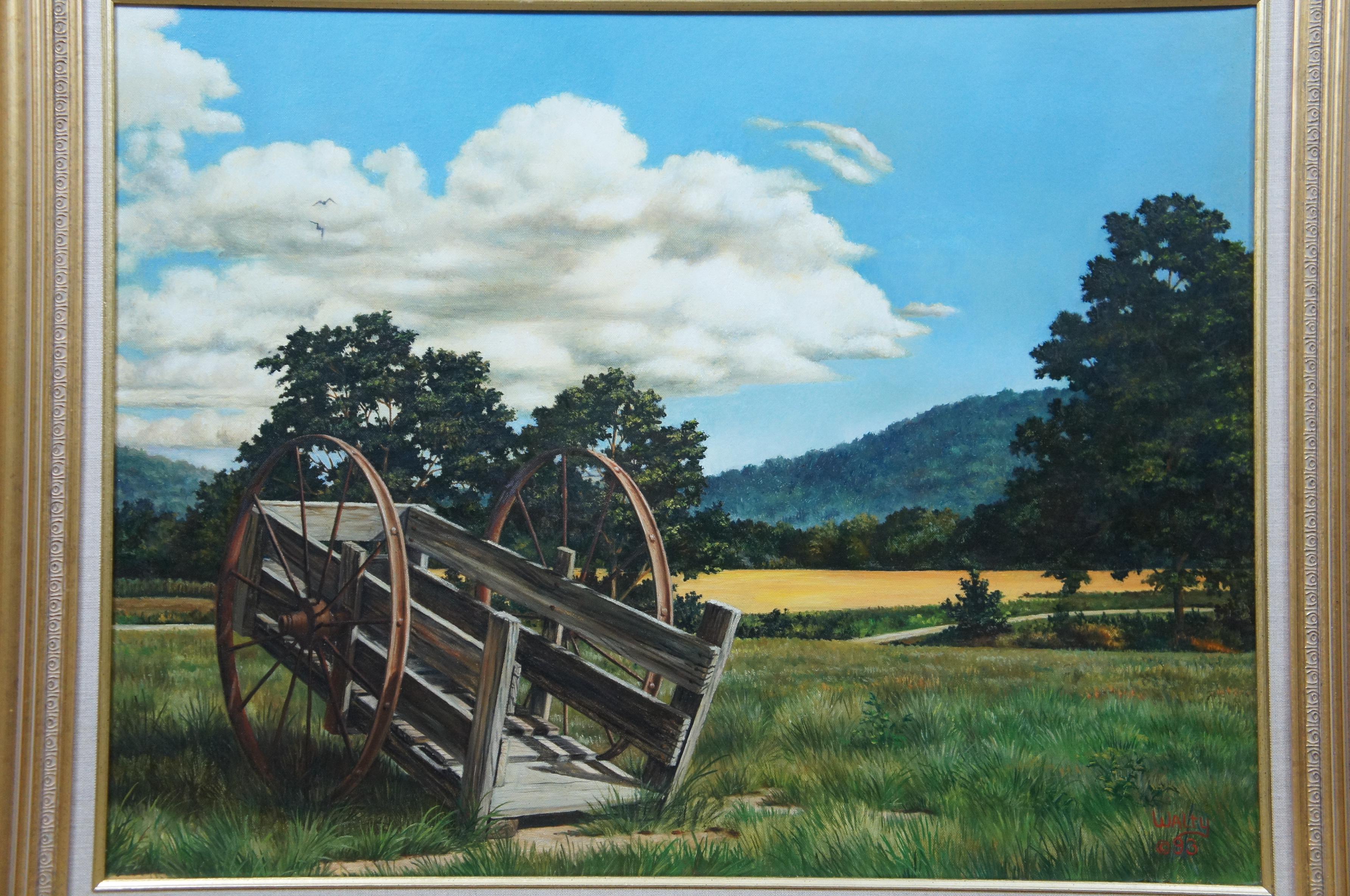 Peinture à l'huile sur toile signée Walty, Paysage de campagne, réalisme wagon, 1993 en vente 1