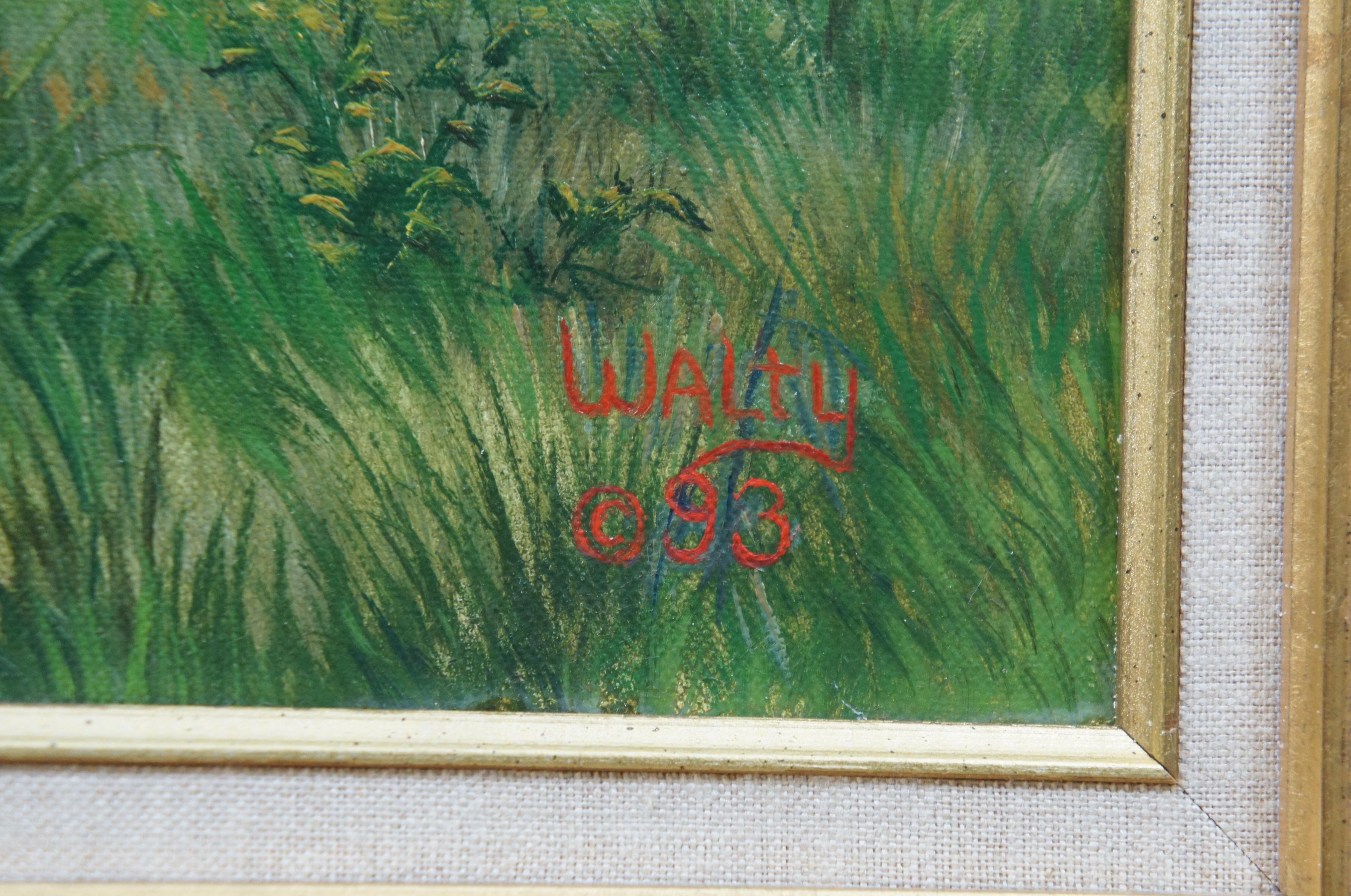 Peinture à l'huile sur toile signée Walty, Paysage de campagne, réalisme wagon, 1993 en vente 2