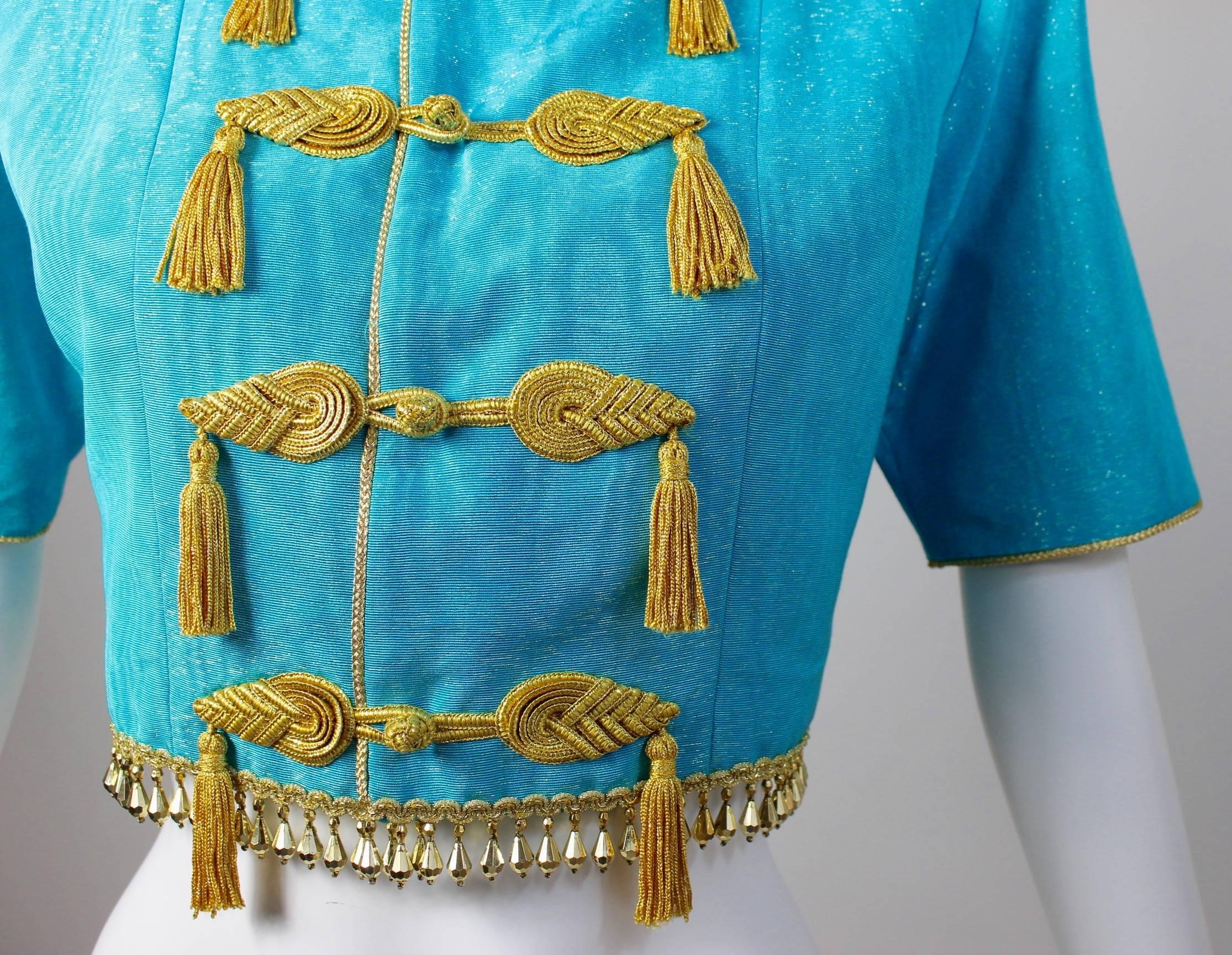Blu 1993 Yves Saint Laurent Documented Moire Oro Seta Perline Tassel Giacca YSL in vendita