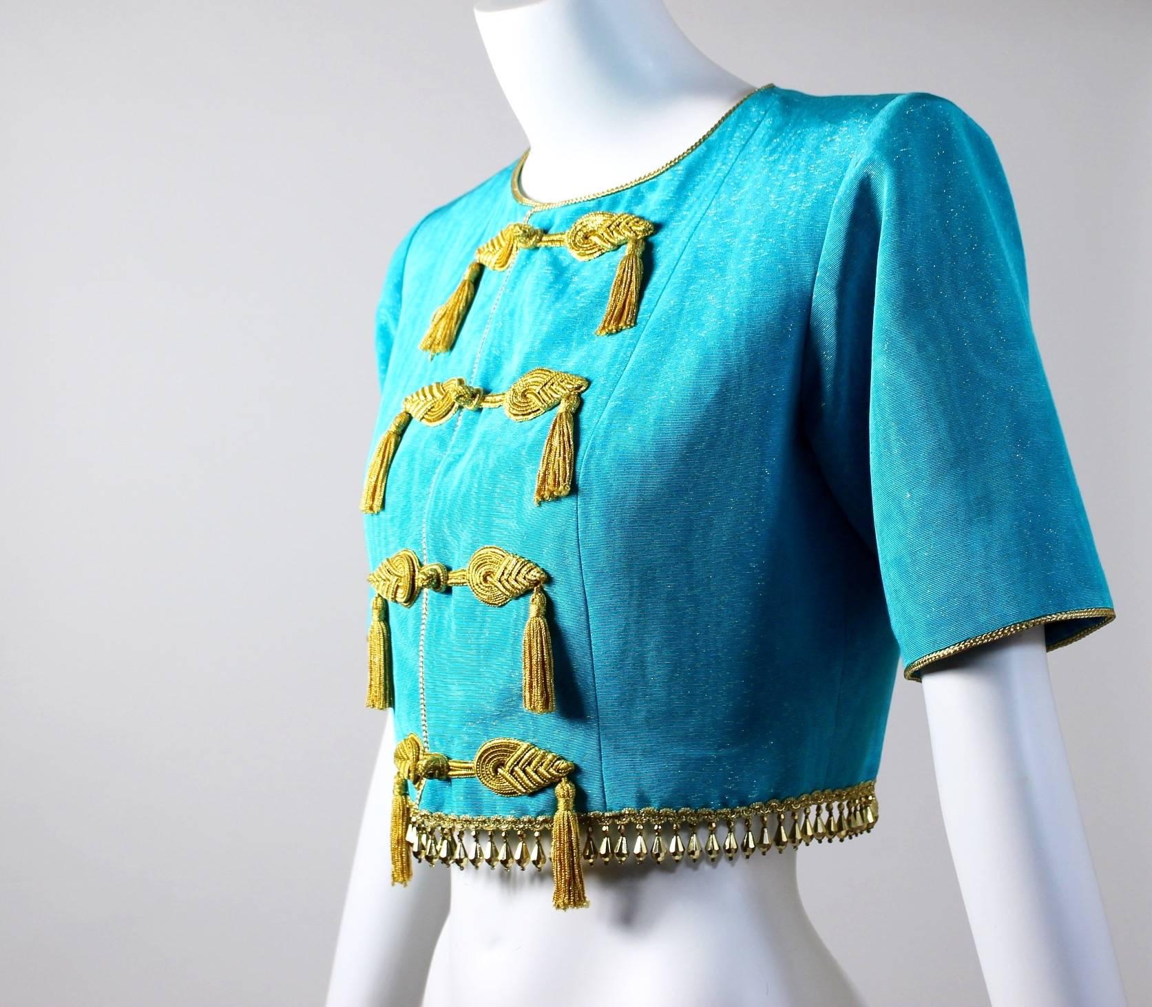 Women's 1993 Yves Saint Laurent Documented Moire Gold Silk Tassel Beads Jacket YSL For Sale