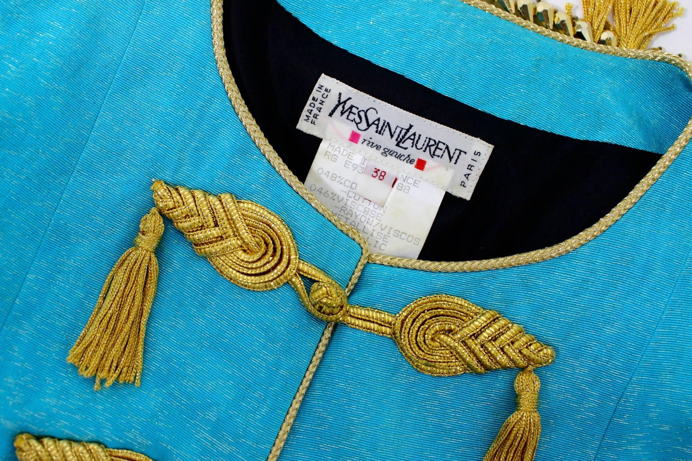 1993 Yves Saint Laurent Documented Moire Gold Silk Tassel Beads Jacket YSL For Sale 1