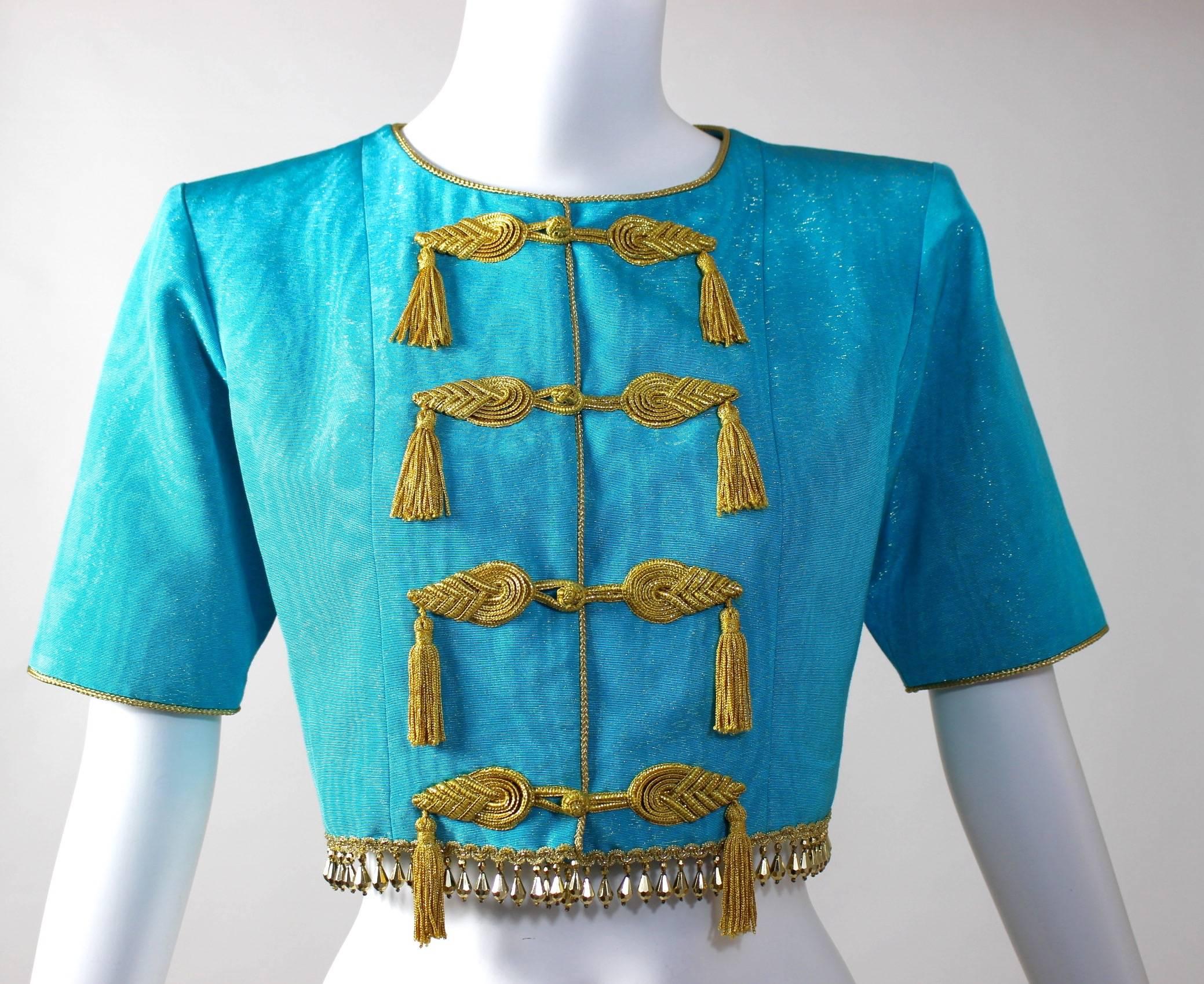 1993 Yves Saint Laurent Documented Moire Gold Silk Tassel Beads Jacket YSL For Sale 2