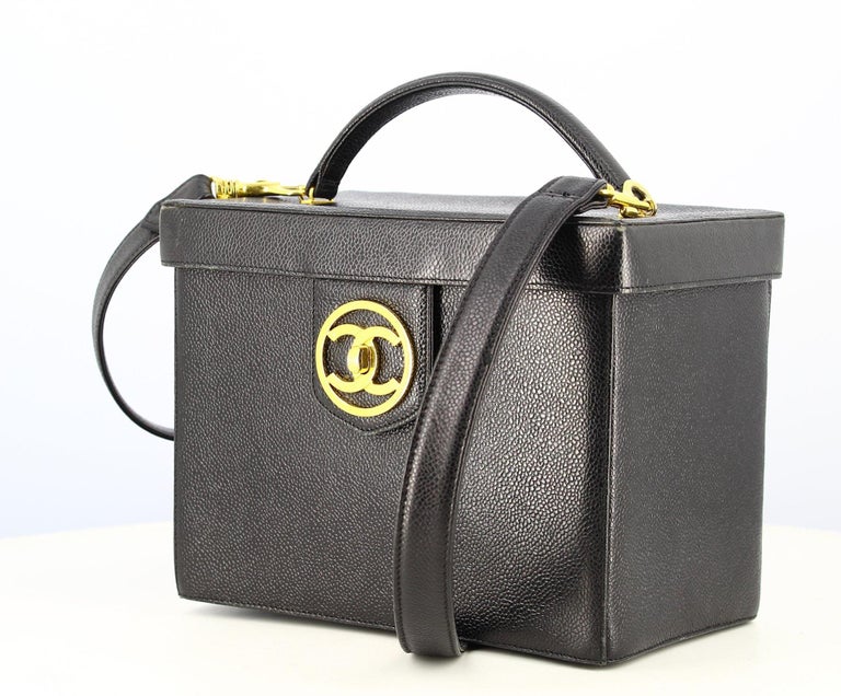 Sac à Main Vanity Vintage Années 70 - Cuir Noir Forme Petite Valise - Anse Cuir, Détails Dorés