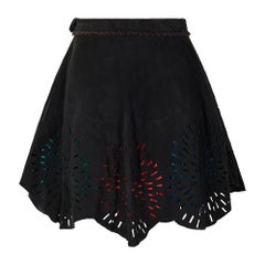 1994 Alaia Black Suede Cut Out Skirt with Green Red and Blue Tassels