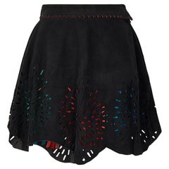 1994 Alaia Black Suede Cut Out Skirt with Green Red and Blue Tassels