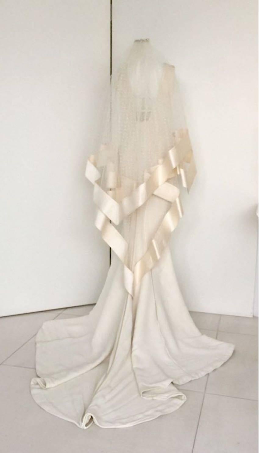 Beige 1994 Atelier Versace Ivory Silk Evening Long Dress with Christal Diadems  For Sale