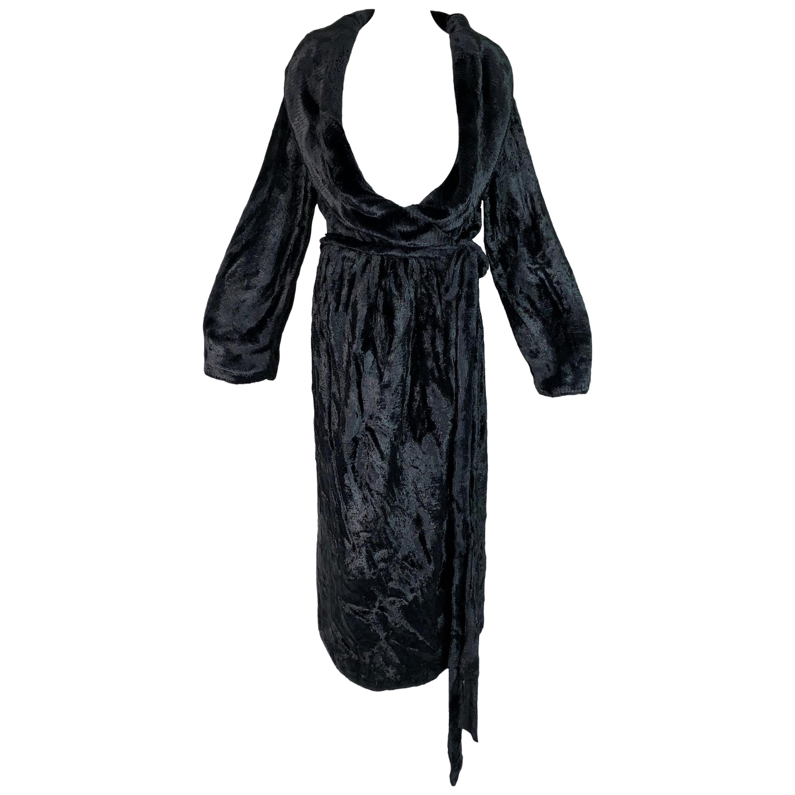 1994 Azzedine Alaia Chenille Faux Fur Plunging Black Robe Dress Coat