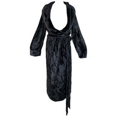 Vintage 1994 Azzedine Alaia Chenille Faux Fur Plunging Black Robe Dress Coat