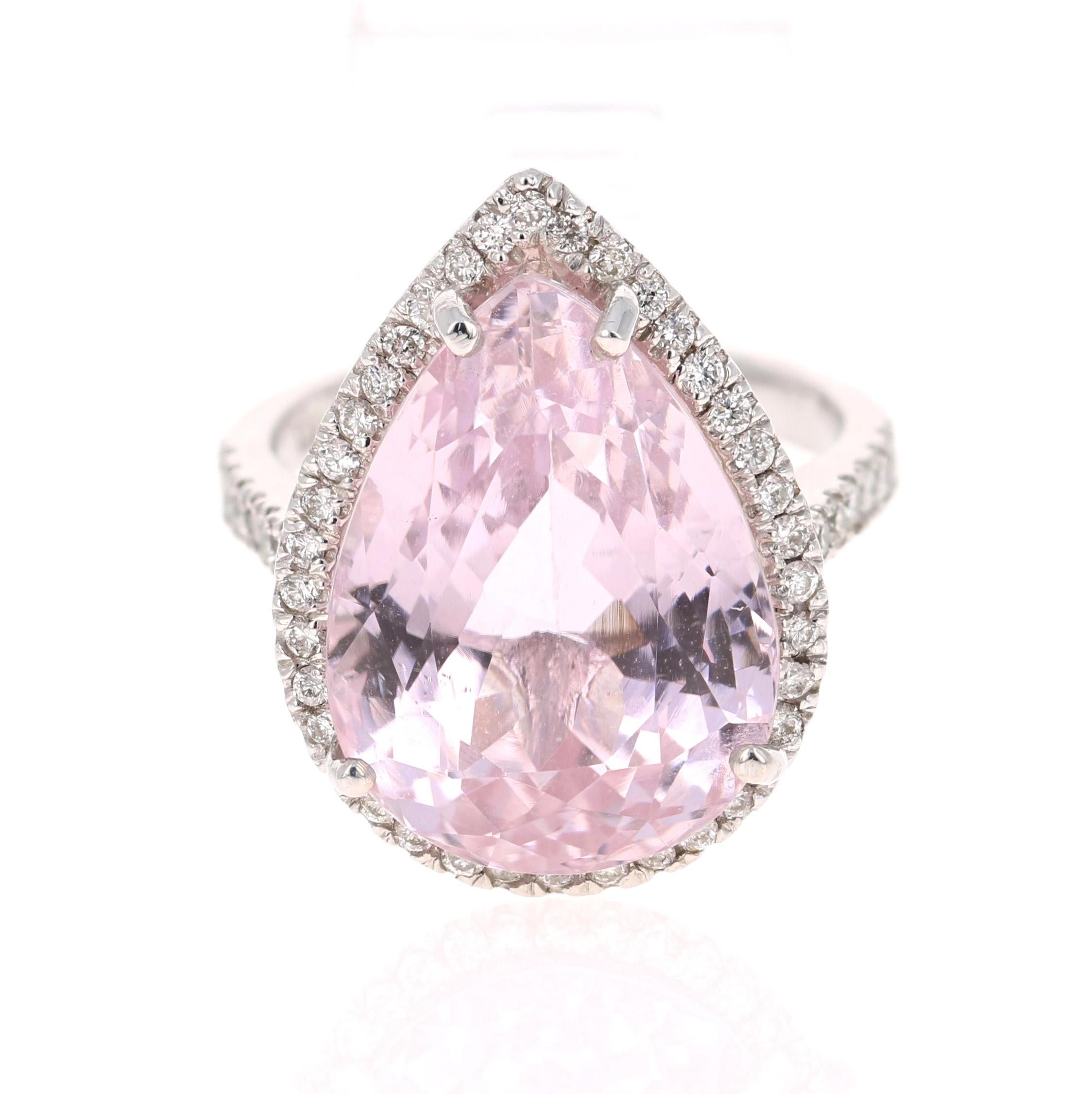 This beauty has a large Pear Cut 19.31 Carat Kunzite that is set in the center of the ring, and is surrounded by 54 Round Cut Diamonds that weighs 0.63 Carats.  The total carat weight of the ring is 19.94 Carats.

The ring is made in 14K White Gold
