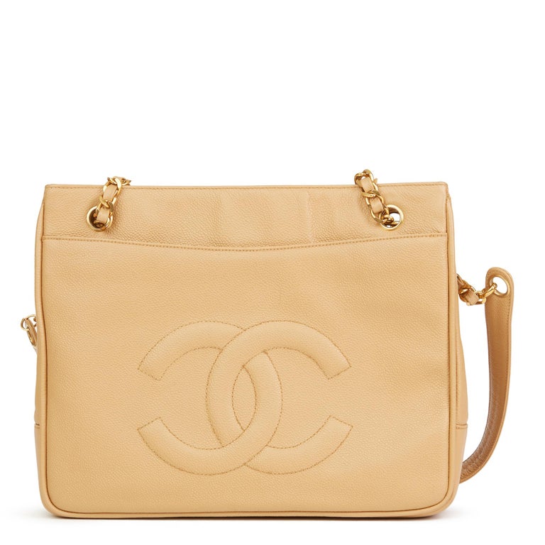 Vintage CHANEL Wooden Handbag Caviar Leather Beige Brown Gold CC