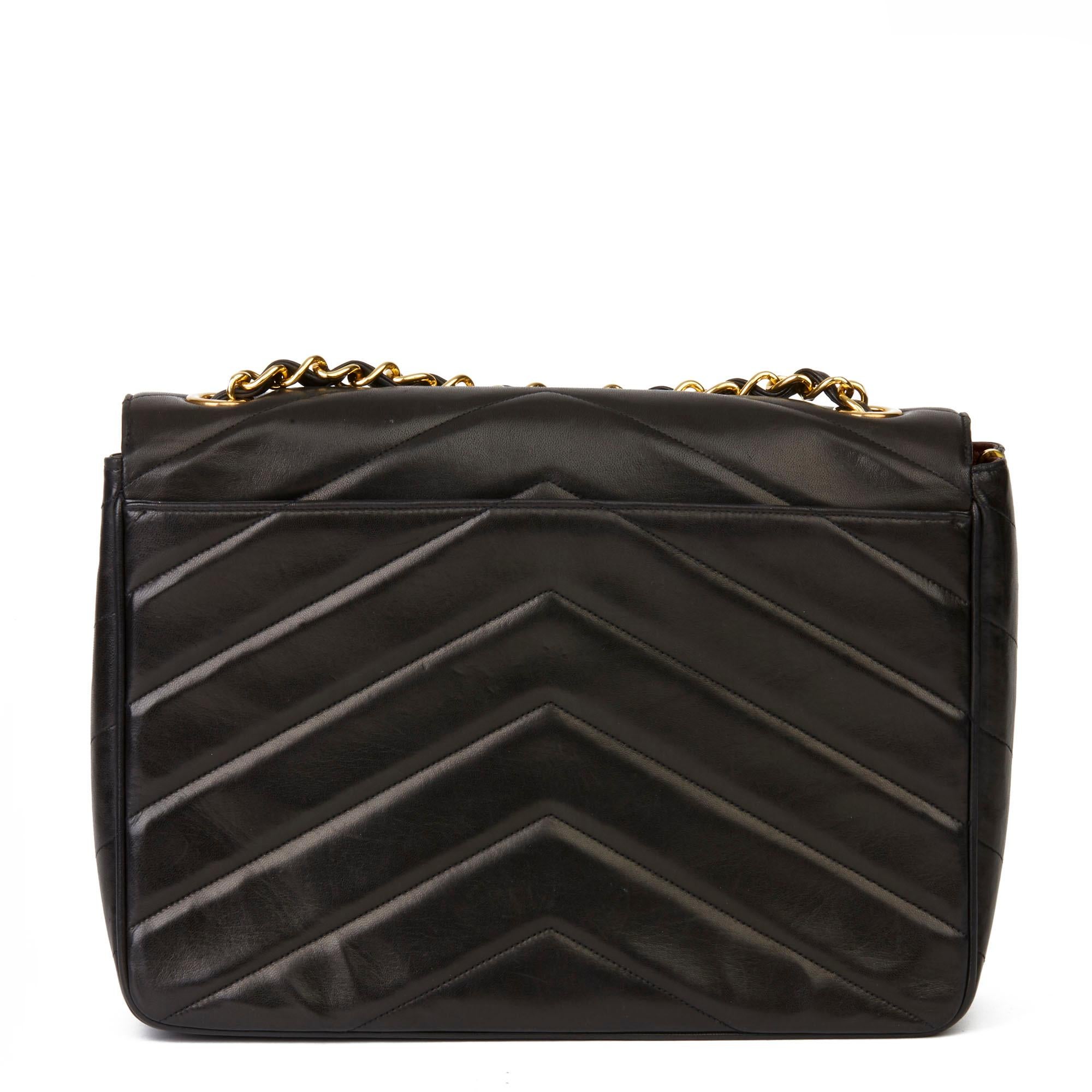 Women's 1994 Chanel Black Chevron Quilted Lambskin Vintage Jumbo XL Classic Single Flap