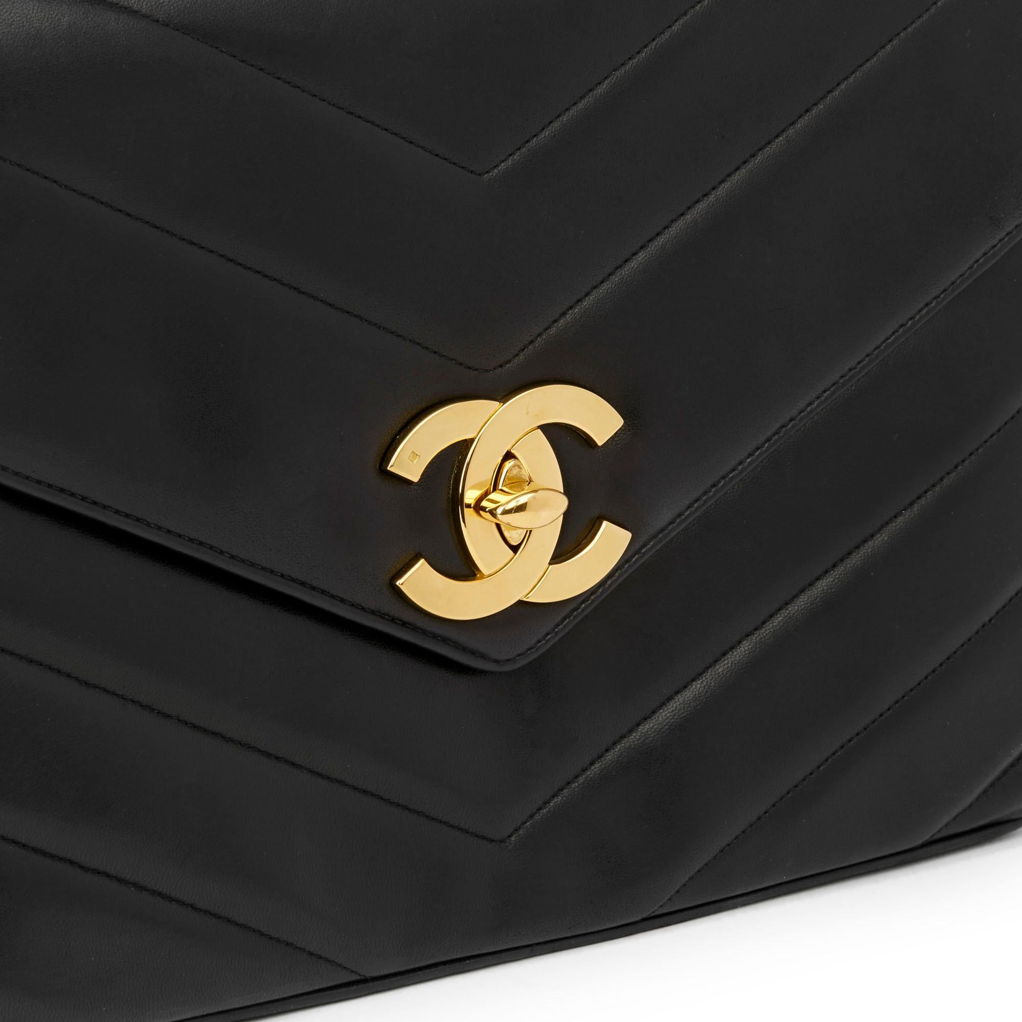 1994 Chanel Black Chevron Quilted Lambskin Vintage Jumbo XL Classic Single Flap 2