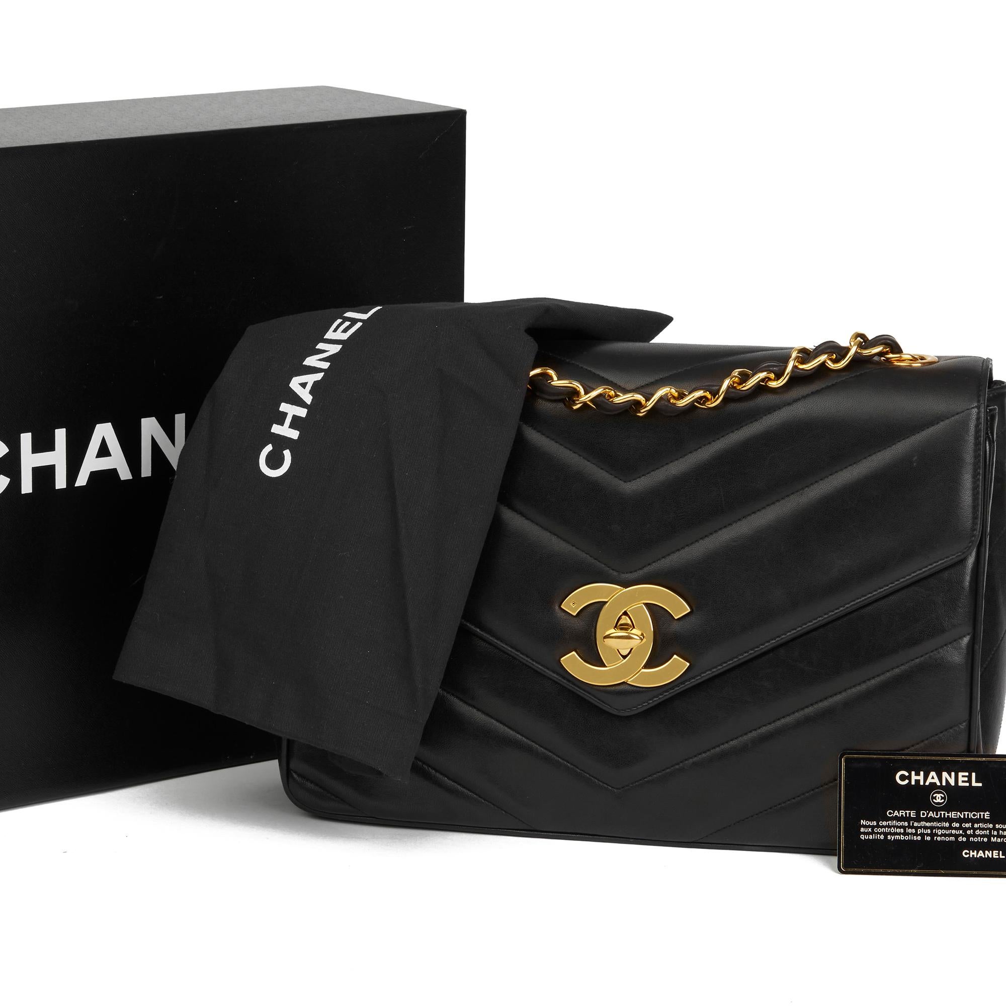 1994 Chanel Black Chevron Quilted Lambskin Vintage Jumbo XL Flap Bag 7