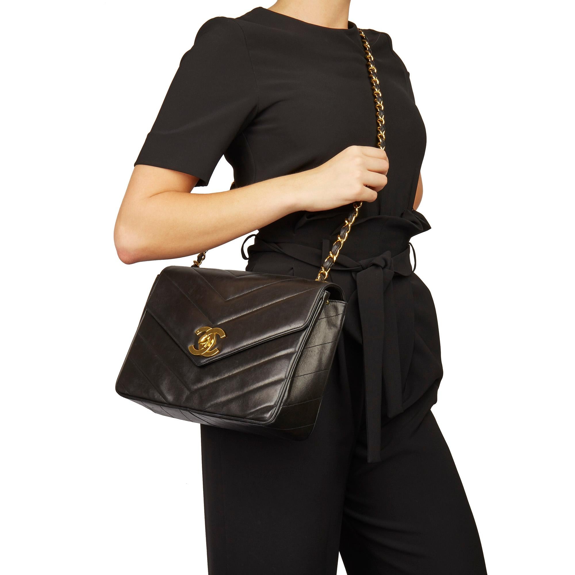 1994 Chanel Black Chevron Quilted Lambskin Vintage Jumbo XL Flap Bag 8