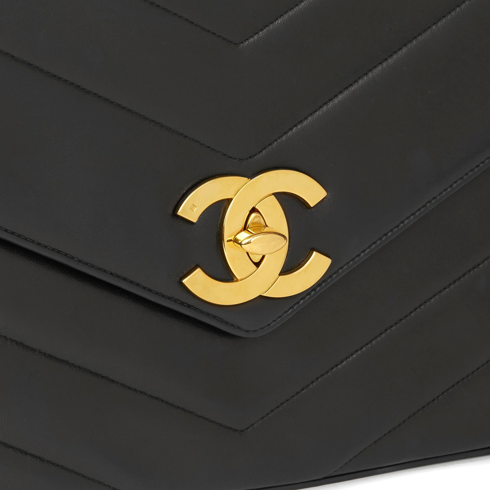 1994 Chanel Black Chevron Quilted Lambskin Vintage Jumbo XL Flap Bag 2