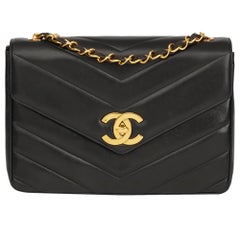 1994 Chanel Black Chevron Quilted Lambskin Vintage Jumbo XL Flap Bag