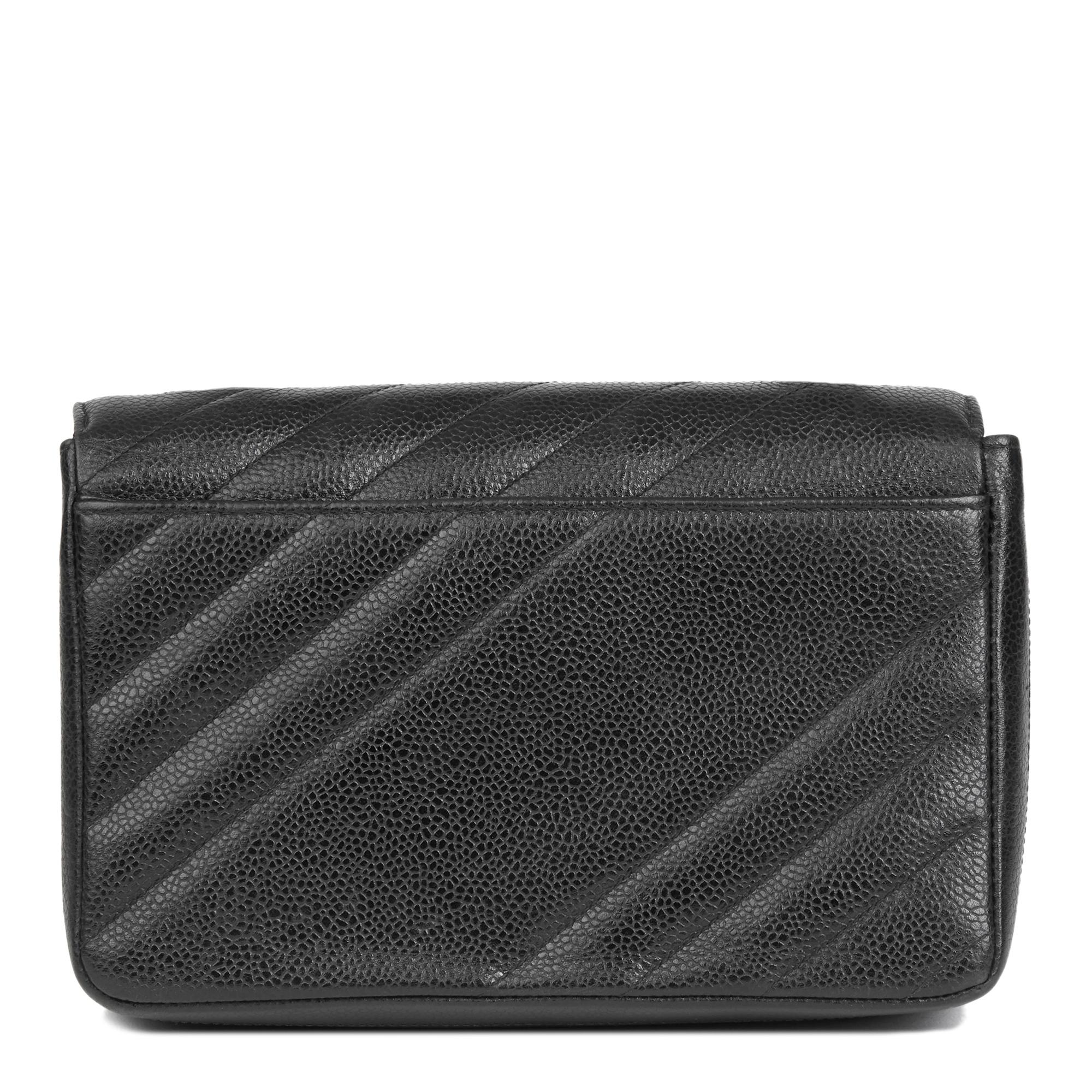 Women's 1994 Chanel Black Diagonal Quilted Caviar Leather Vintage Logo Shoulder Bag