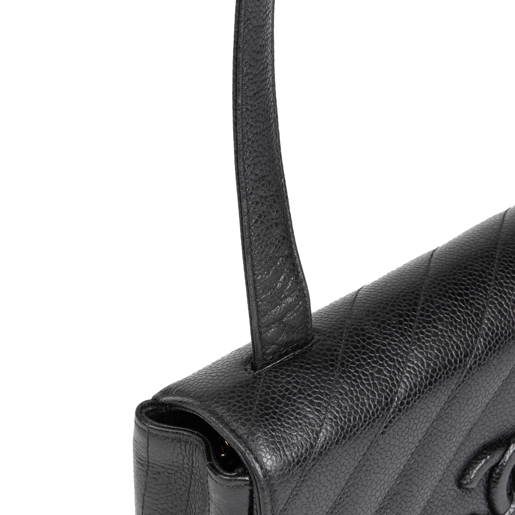 1994 Chanel Black Diagonal Quilted Caviar Leather Vintage Logo Shoulder Bag 3