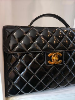 1994 Chanel black patent leather 24kt gold plated hardware briefcase handbag