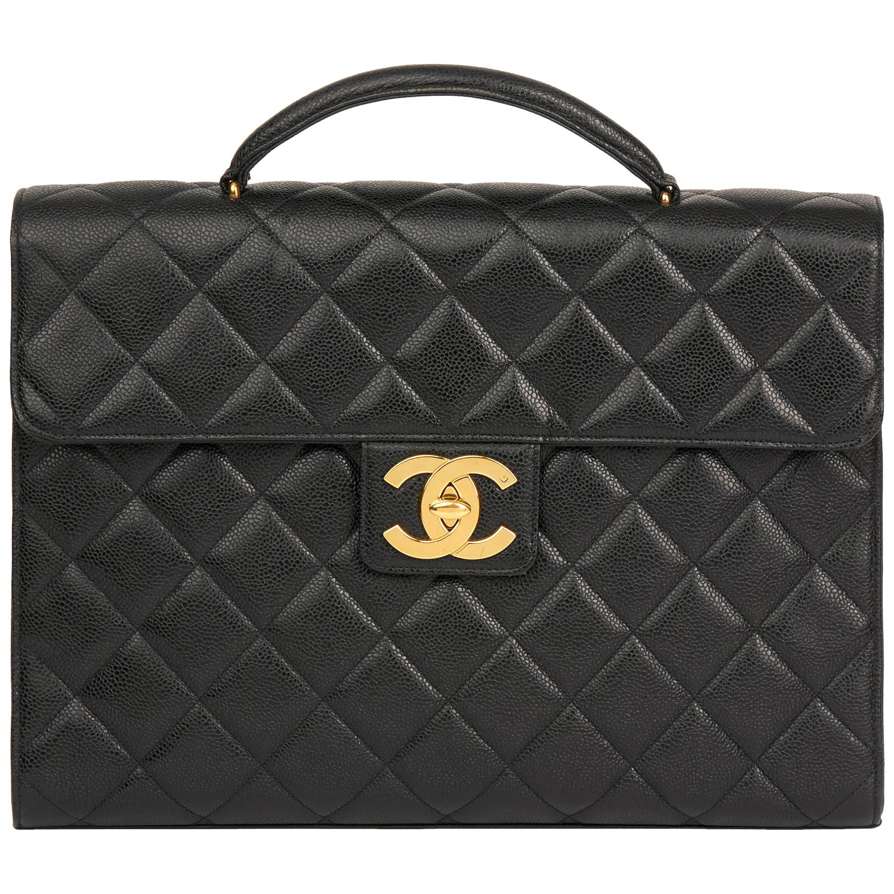 1994 Chanel Black Quilted Caviar Leather Jumbo XL Classic Briefcase