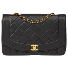 Vintage 1994 Chanel Black Quilted Lambskin Leather Medium Diana Classic Single Flap Bag 