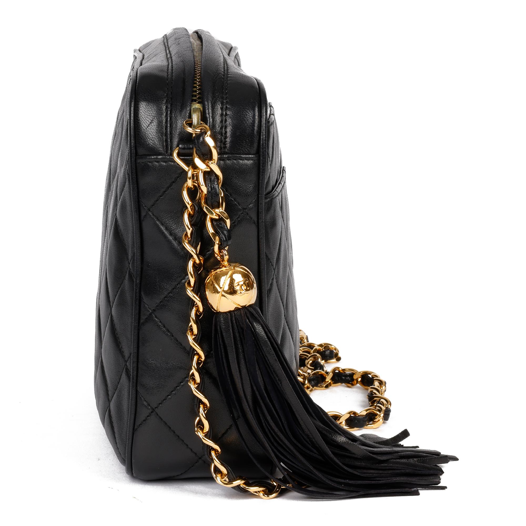 1994 Chanel Black Quilted Lambskin Leather Vintage Classic Fringe Camera Bag In Excellent Condition In Bishop's Stortford, Hertfordshire
