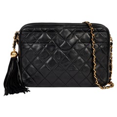 1994 Chanel Black Quilted Lambskin Leather Vintage Classic Fringe Camera Bag