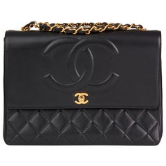 1994 Chanel Schwarz gesteppt Lammfell Vintage Jumbo XL CC Klappe Tasche