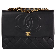 1994 Chanel Schwarz gesteppt Lammfell Vintage Jumbo XL CC Klappe Tasche
