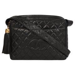 1994 Chanel Black Quilted Lambskin Vintage Large Fringe Timeless Camera Bag 