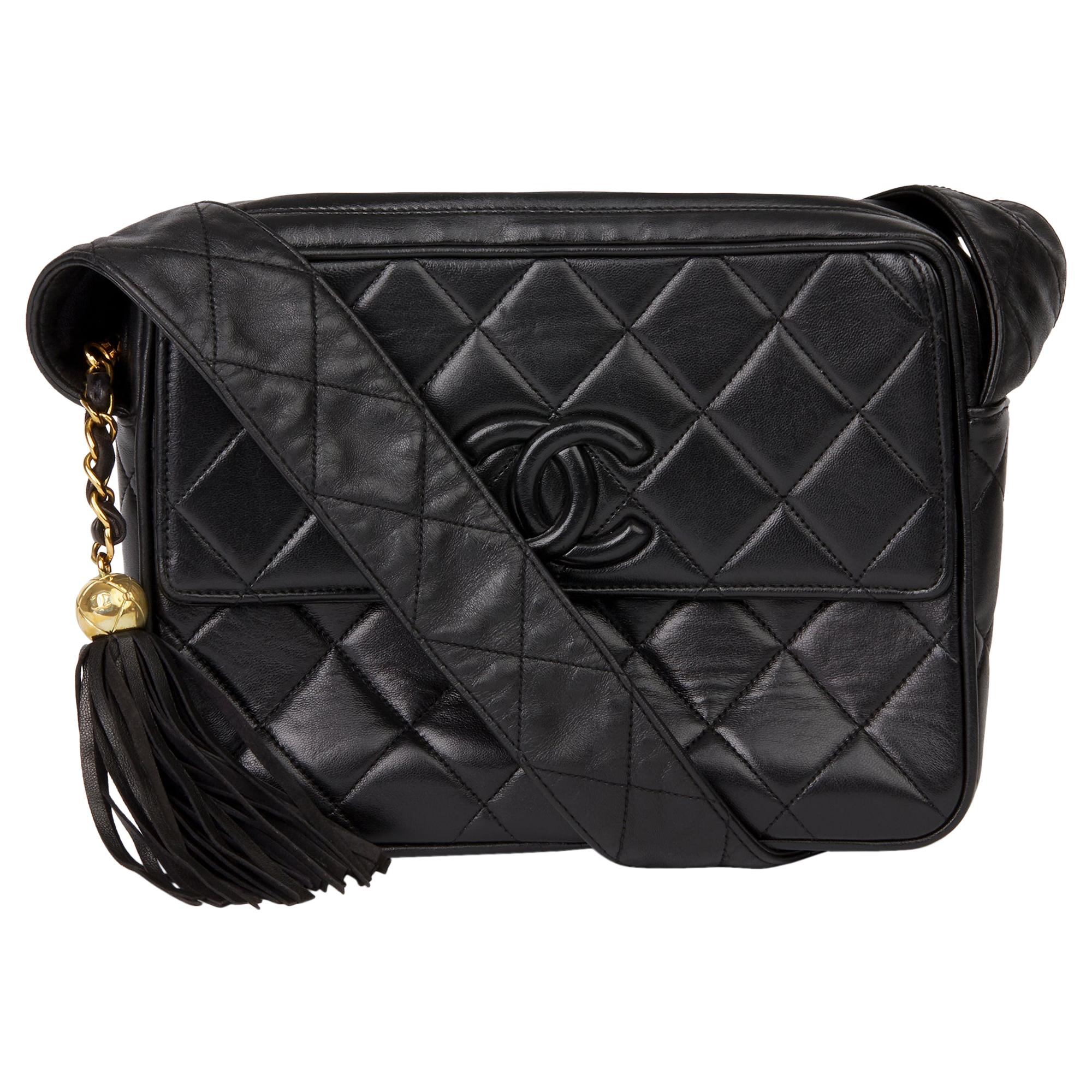 1994 Chanel Black Quilted Lambskin Vintage Leather Logo Fringe Shoulder Bag 