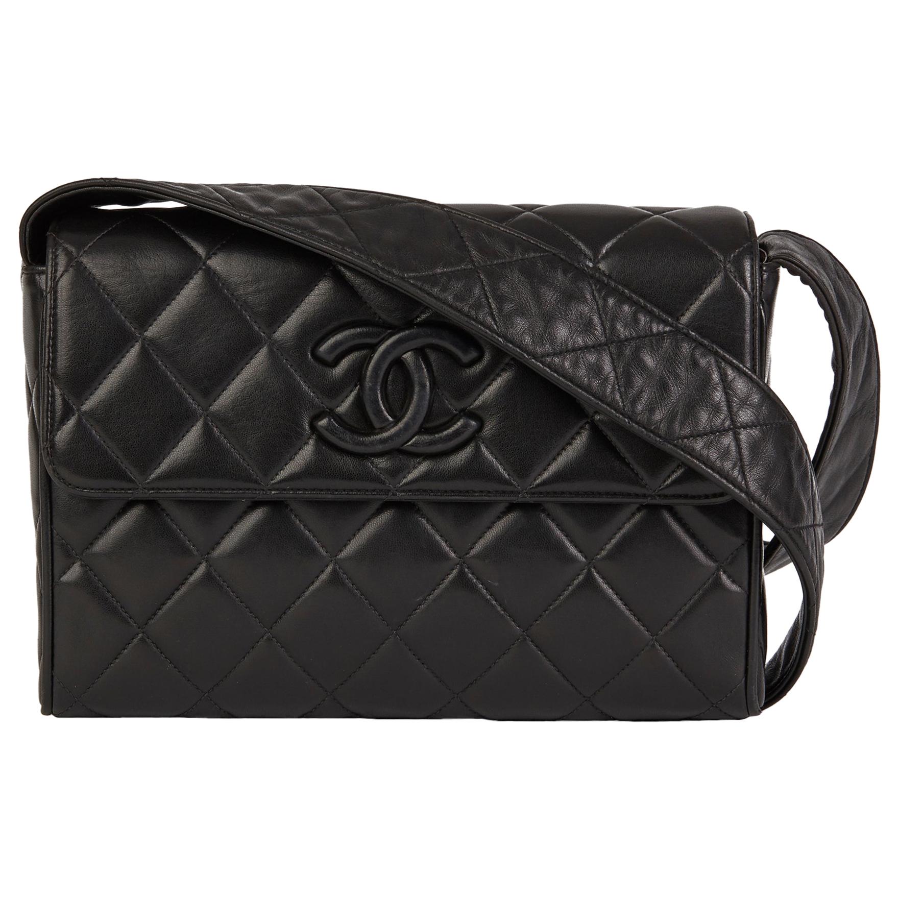 1994 Chanel Black Quilted Lambskin Vintage Leather Logo Shoulder Bag 