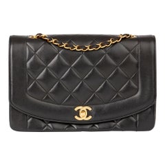 1994 Chanel Black Quilted Lambskin Vintage Medium Diana Classic Single Flap Bag 