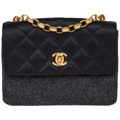 1994 Chanel Black Quilted Satin & Grey Wool Vintage Mini Flap Bag