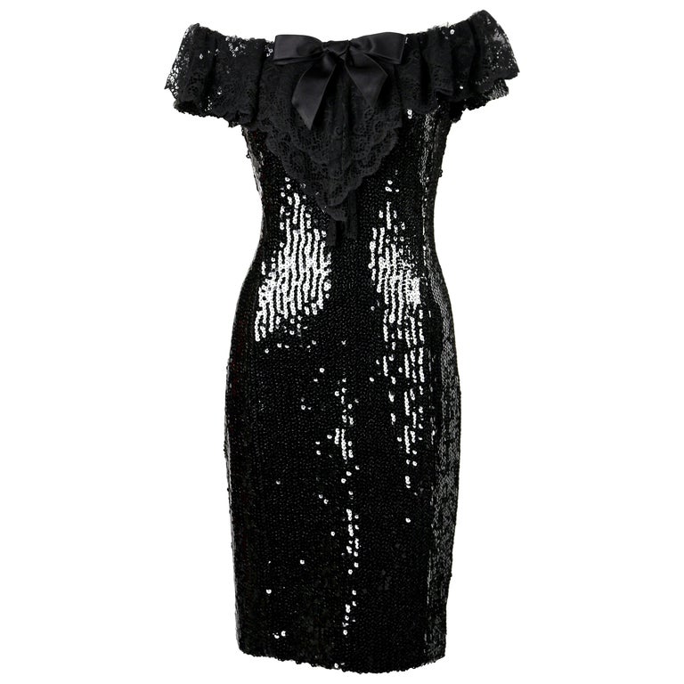 1994 CHANEL black sequined dress with chantilly lace collar & satin bow For Sale