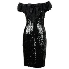1994 CHANEL black sequined dress with chantilly lace collar & satin bow