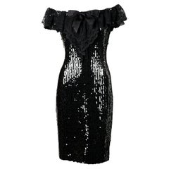 1994 CHANEL black sequined dress with chantilly lace collar & satin bow