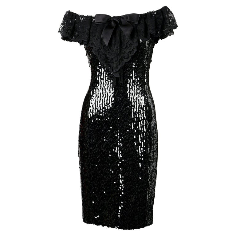 1994 CHANEL black sequined dress with chantilly lace collar and satin bow  at 1stDibs | chanel black bow dress, chanel bow dress, chanel satin dress