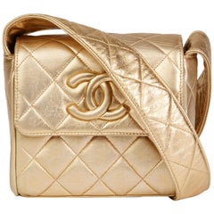 1994 Chanel Gold Quilted Metallic Lambskin Vintage Logo Shoulder Flap Bag