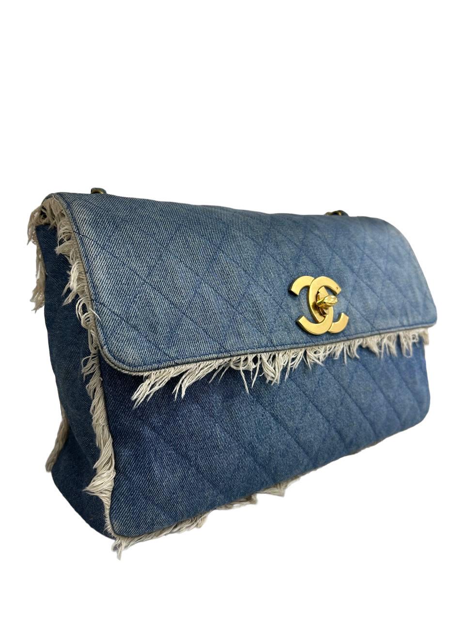 1994 Chanel Maxi Jumbo Vintage Azul Jeans Borsa a Tracolla Gris