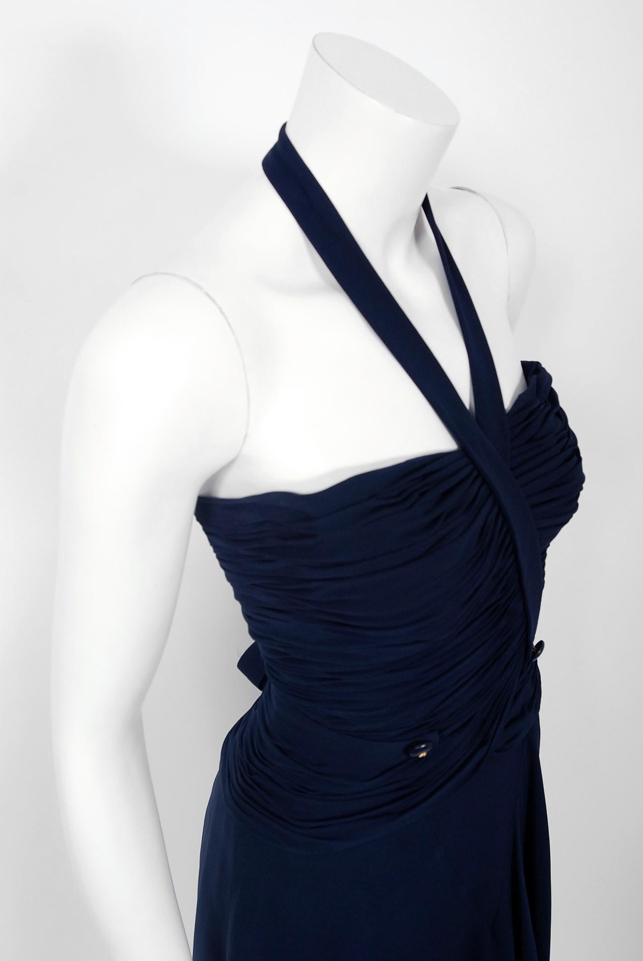 Black Vintage 1994 Chanel Navy-Blue Silk Halter Bustier & Asymmetric Draped Skirt Set