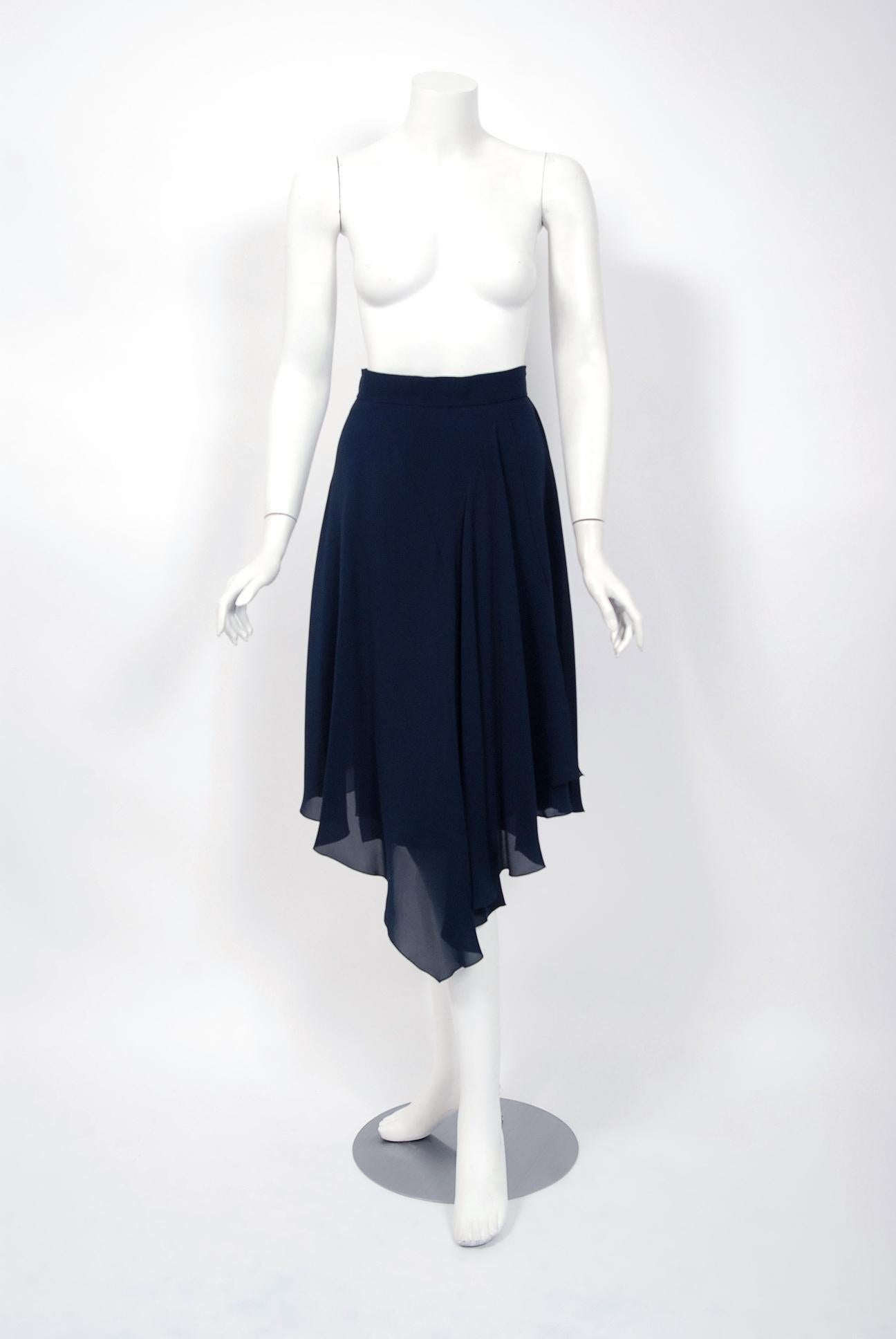 Women's Vintage 1994 Chanel Navy-Blue Silk Halter Bustier & Asymmetric Draped Skirt Set