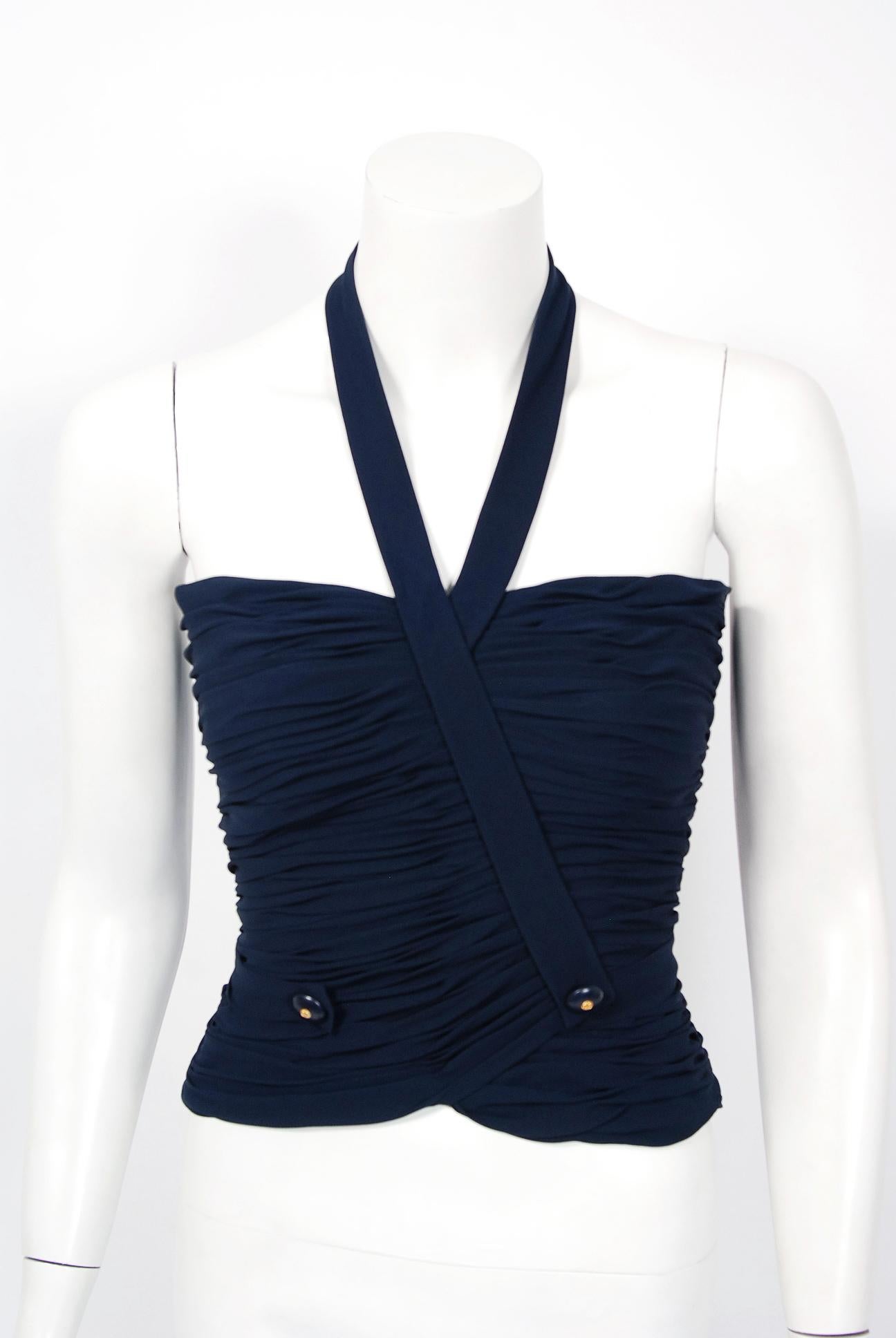 Vintage 1994 Chanel Navy-Blue Silk Halter Bustier & Asymmetric Draped Skirt Set 2